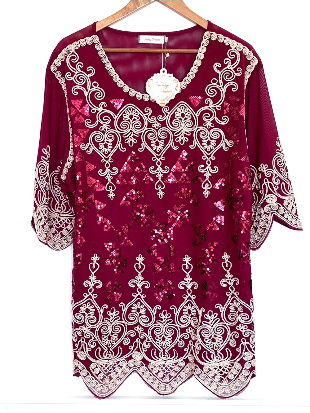 NWT Simply Couture Plus Shirt Women’s 3X Red Gold Sequined Embroidered Blouse